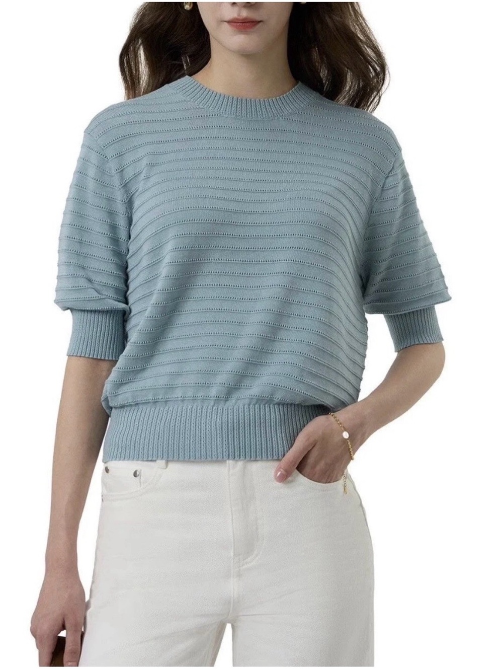 Frye sage green crewneck short-sleeve sweater, size large, new
